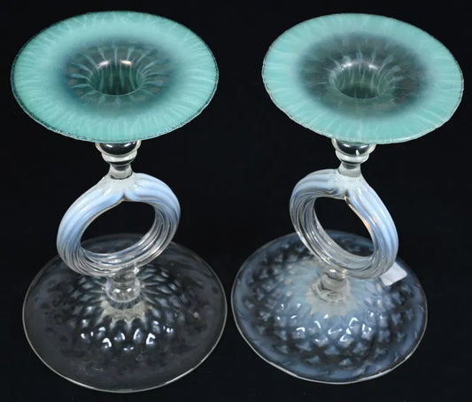Pair Tiffany Studios Candlesticks Marked LCT Favrile #1850 Art Glass, Pastel Green Opalescent
