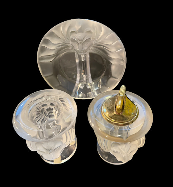 Lalique Crystal Tete De Lion Smoking Set - 3 Pieces - Brass Lighter - Vintage Crystal Smoking Set