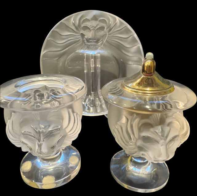 Lalique Crystal Tete De Lion Smoking Set - 3 Pieces - Brass Lighter - Vintage Crystal Smoking Set