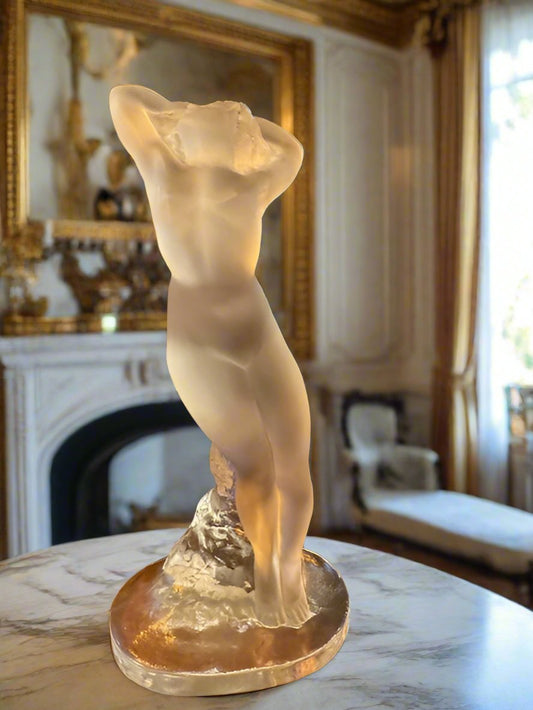 Mid 20th Century Lalique Frosted Art Noveau Crystal Sculpture of a Nude Dancer