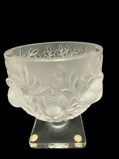 Vintage LALIQUE FRANCE Frosted Crystal ELIZABETH SPARROW Pedestal Bowl Dish Vase
