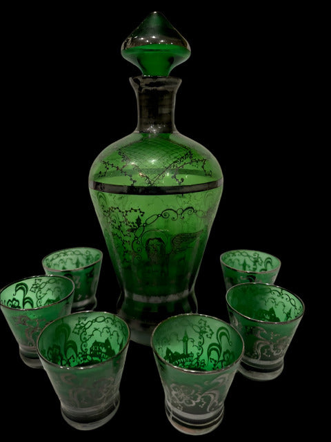 Rare mid-19th century emerald Venetian Glass Decanter and 6 glasses